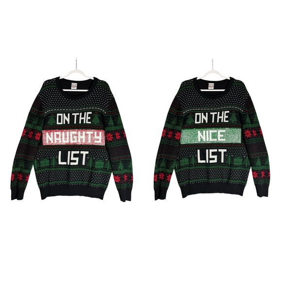 Holiday Sweater XL Naughty or Nice Reversible Sequin Ugly Christmas Party Black - Picture 1 of 10